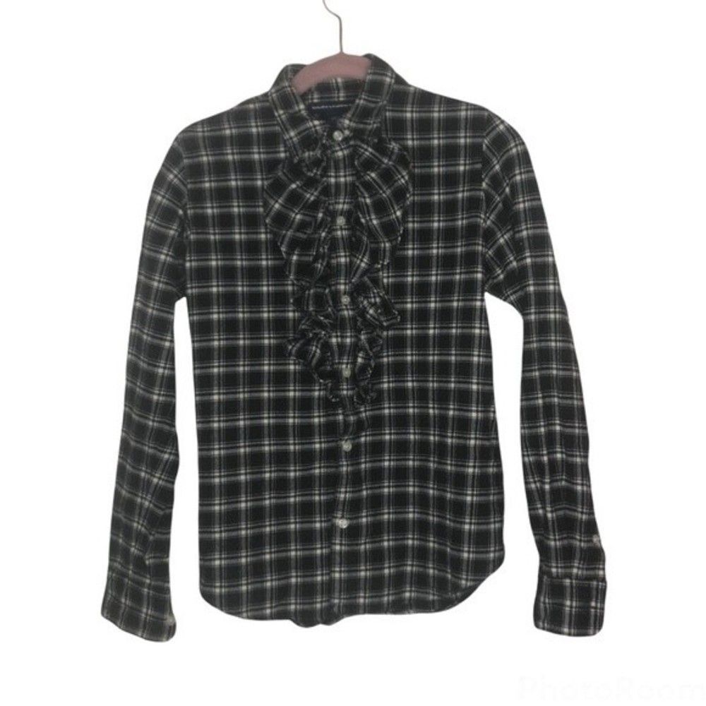 RALPH LAUREN SPORT Black White Flannel Plaid Ruffle Button Shirt Top Size 6 - Picture 6 of 9